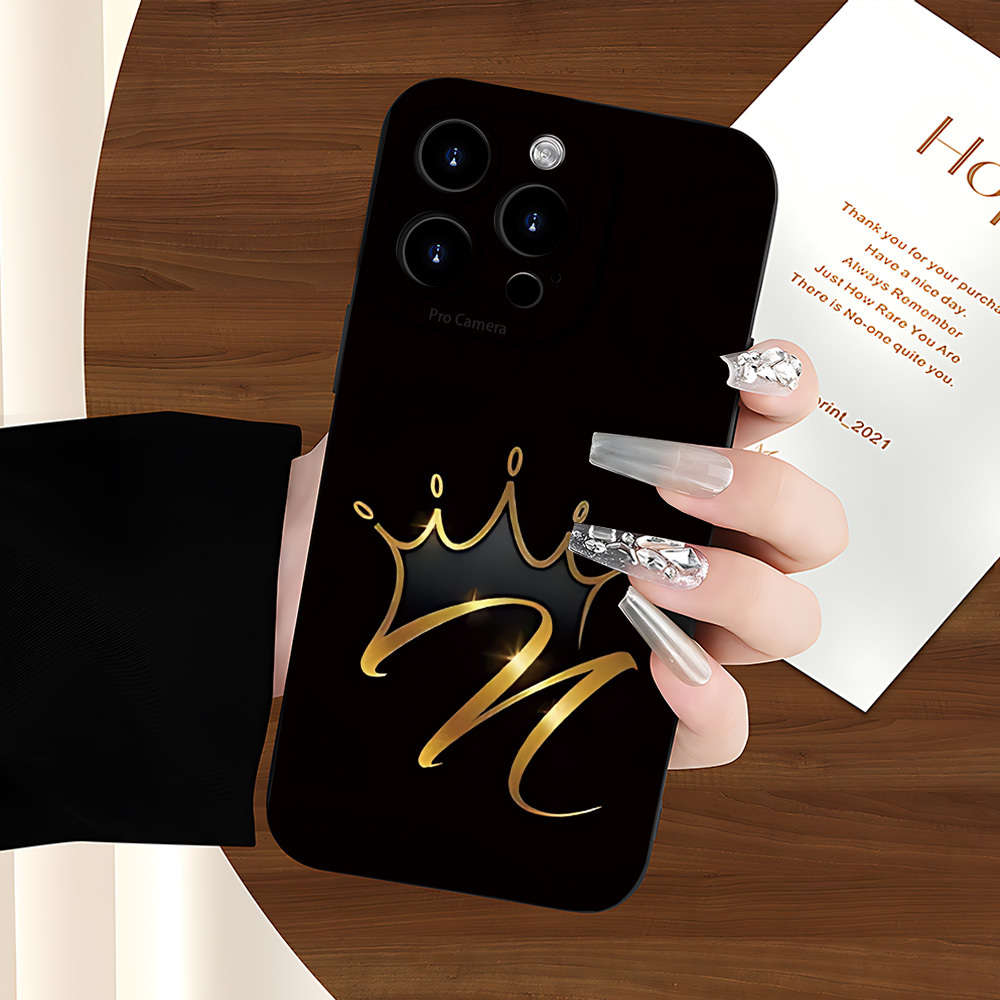 1Pc Black For iPhone 16 Plus Golden Crown Design Phone Case