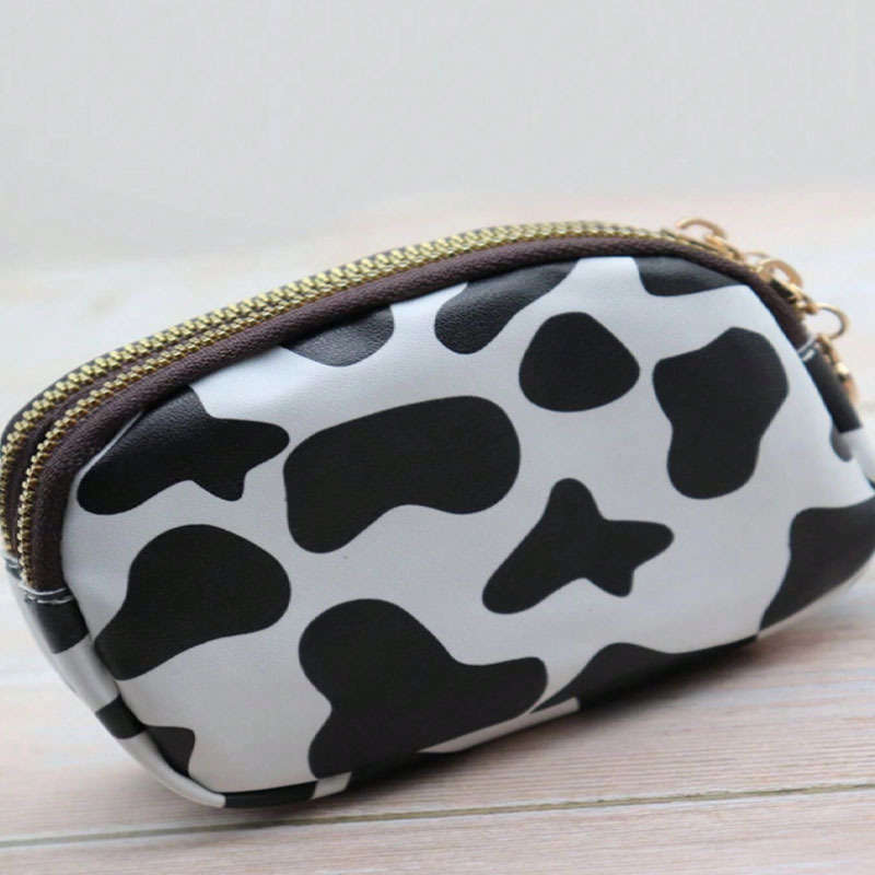 Cow Print Double Zipper Large Capacity Walletdurable Polyester Coin Purse With Multiple Compa