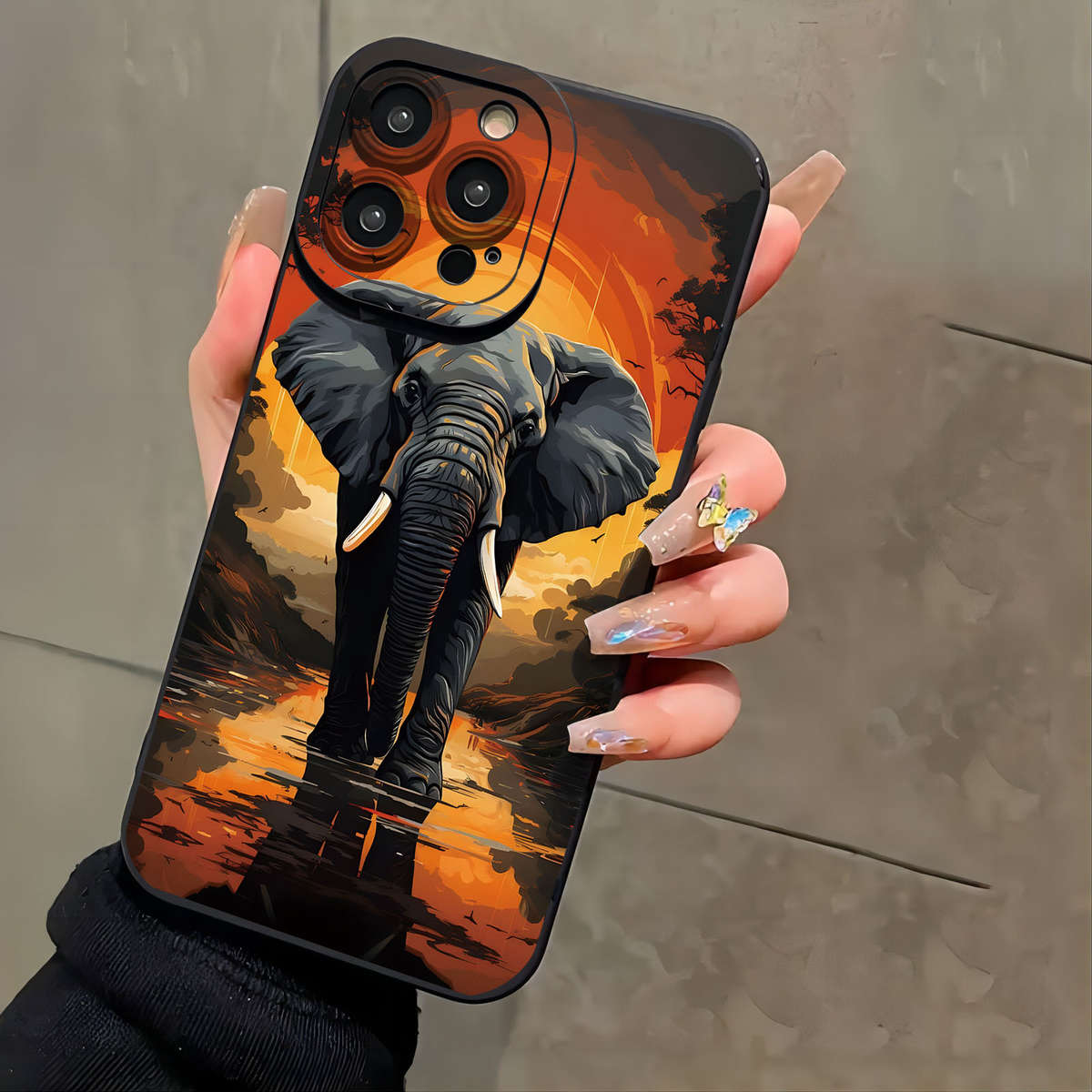 1Pc Black For iPhone 14 African Elephants Phone Case