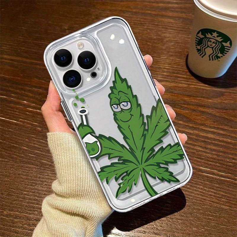 1Pc Transparent For iPhone 16 Green Leaf Pattern Phone Case