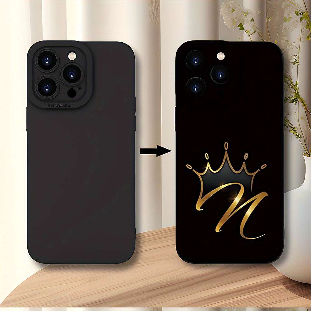 1Pc Black For iPhone 16 Plus Golden Crown Design Phone Case