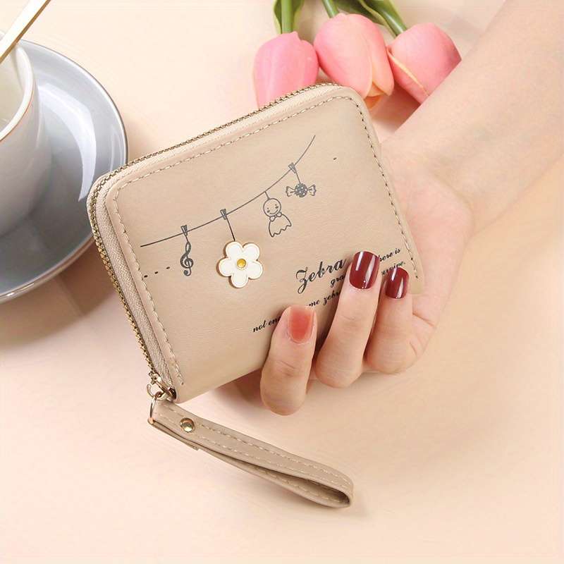 Elegant Pink Zipper Wallet With Floral Designlarge Capacity Multi-Compartment Card Holder F