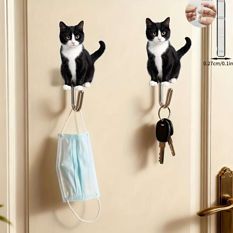 Cute Black White Kitten Wall Hook With Adhesive Backing No