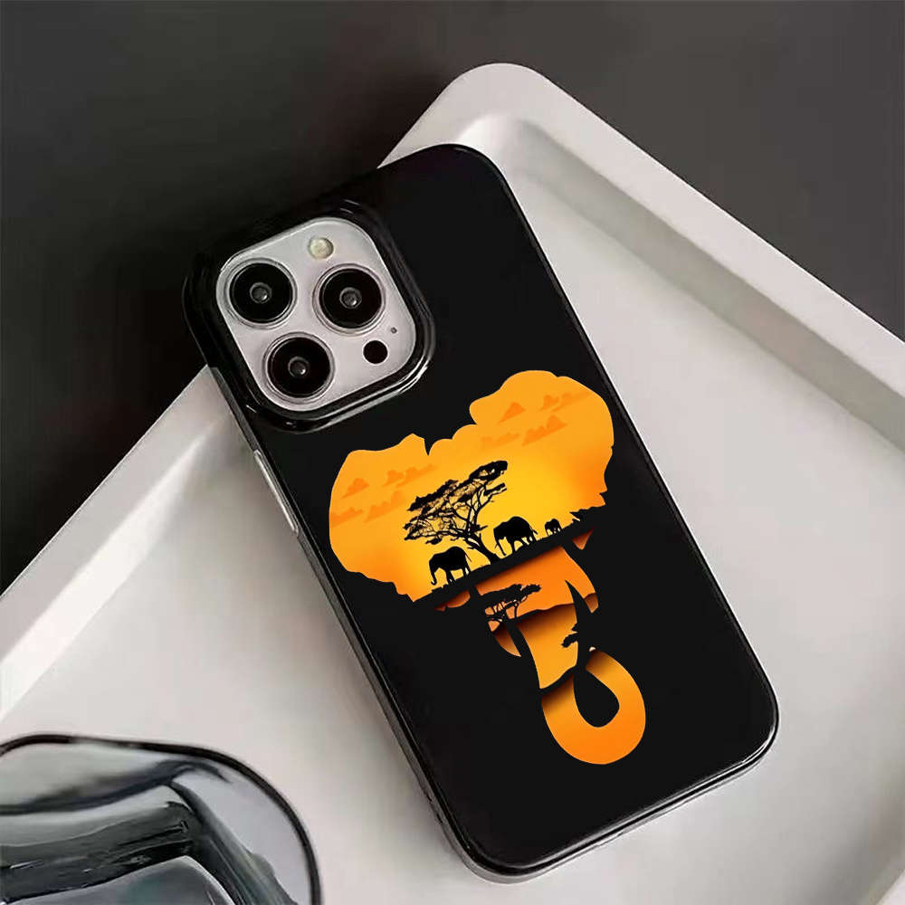 1Pc Black For iPhone 15 Plus Twilight Elephant Pattern Phone Case