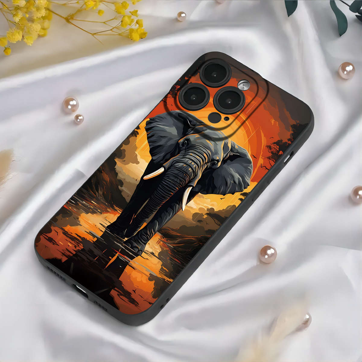 1Pc Black For iPhone 14 African Elephants Phone Case
