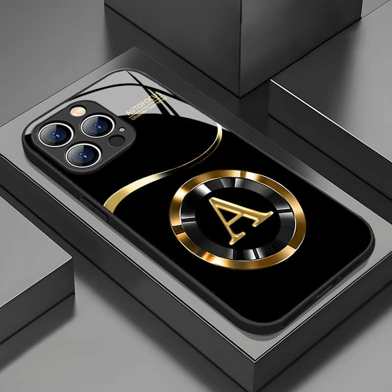 1Pc Black For iPhone 16 Plus Golden Letter A Pattern Phone Case