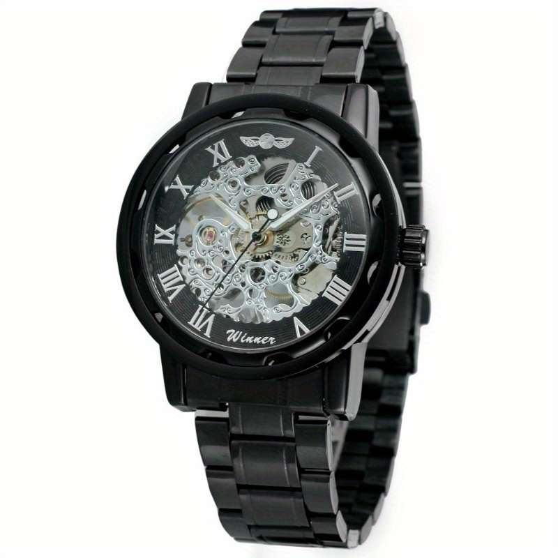 Modern Mens Mechanical Watch Skeleton Dial Full Black Dial Alloy Case