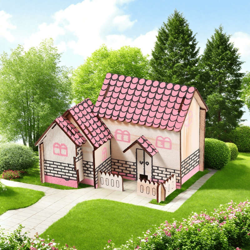 3D Building Model Puzzle Set Style Pink House