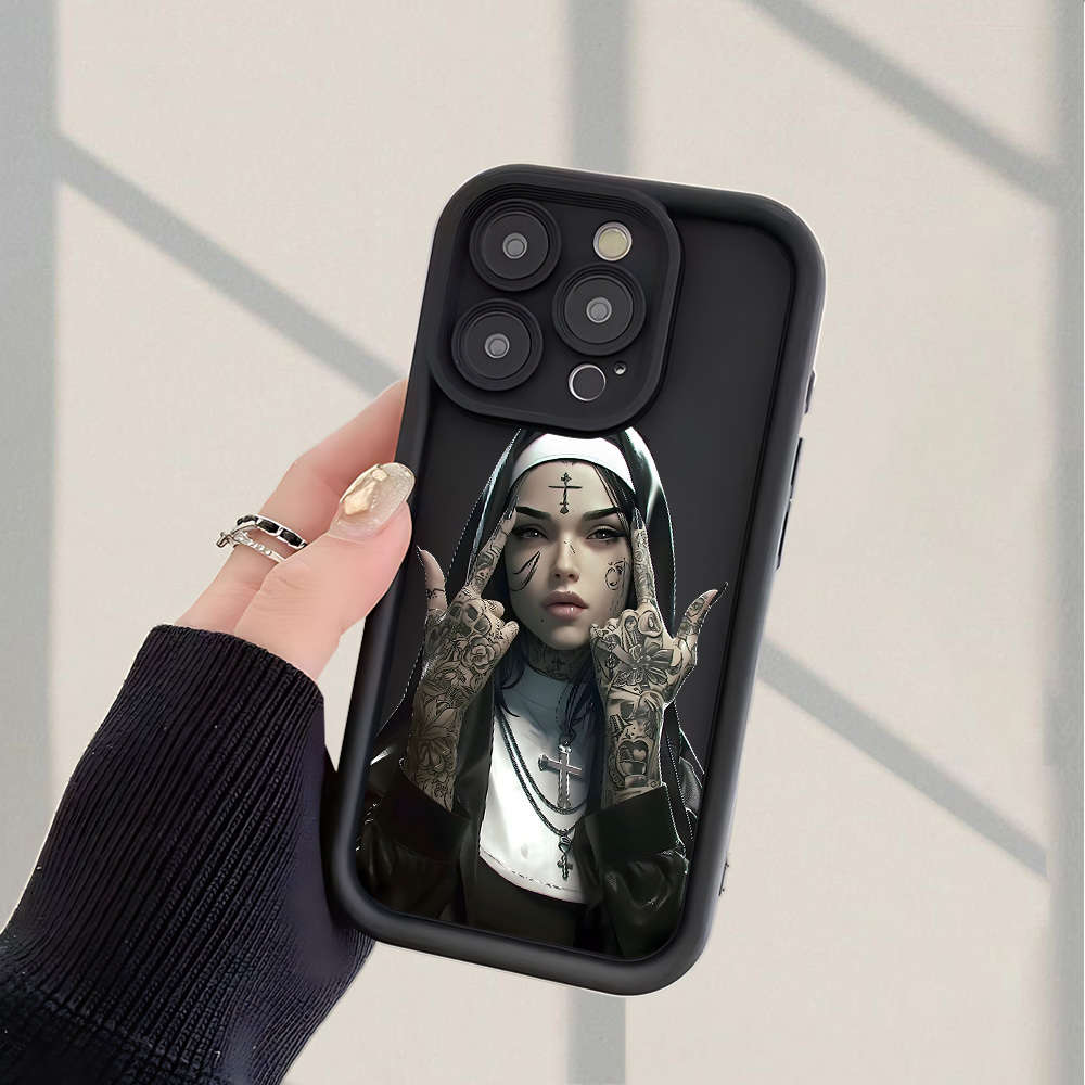 1Pc Black For iPhone 12 Pro Beautiful Nun Pattern Phone Case