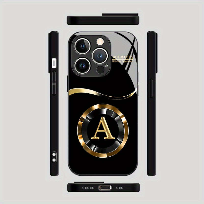 1Pc Black For iPhone 16 Plus Golden Letter A Pattern Phone Case