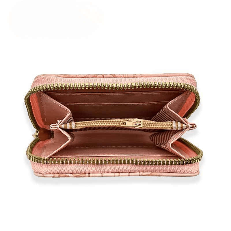 Women'S Pink Embossed Floral Zipper Walletlarge Capacity Card Holder With Chain Strap Elega