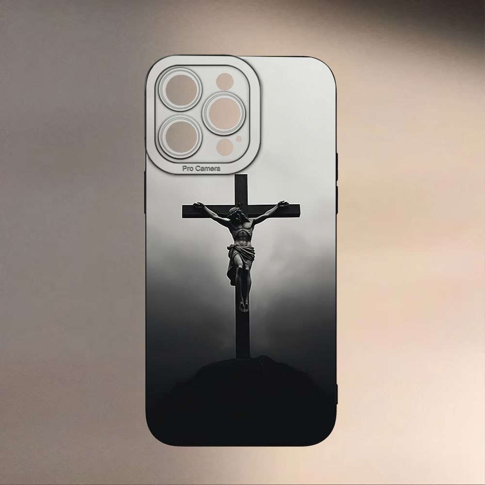 1Pc Black For iPhone 13 Mini Cross Jesus Print Phone Case