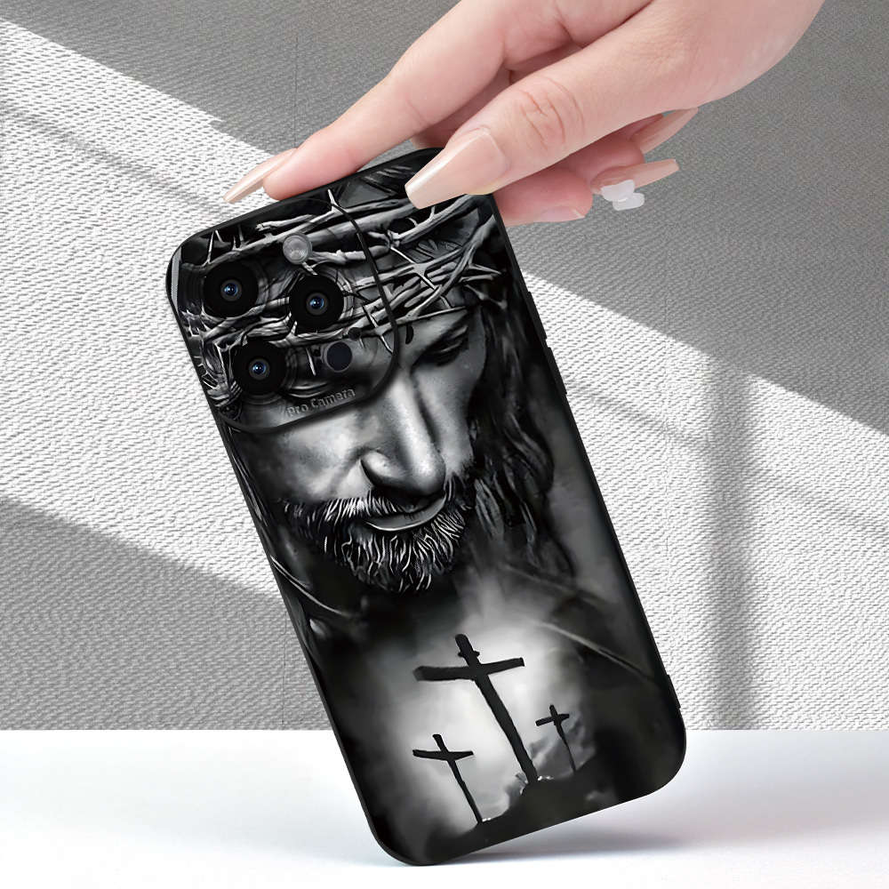 1Pc Black For iPhone 16 Plus Pirate And Cross Pattern Phone Case