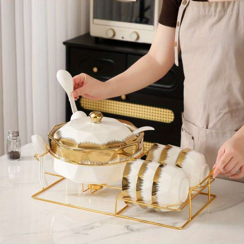 Bowl Color White 1 Soup Pot  1 Iron Rack  6 Bowls  7 Spoons