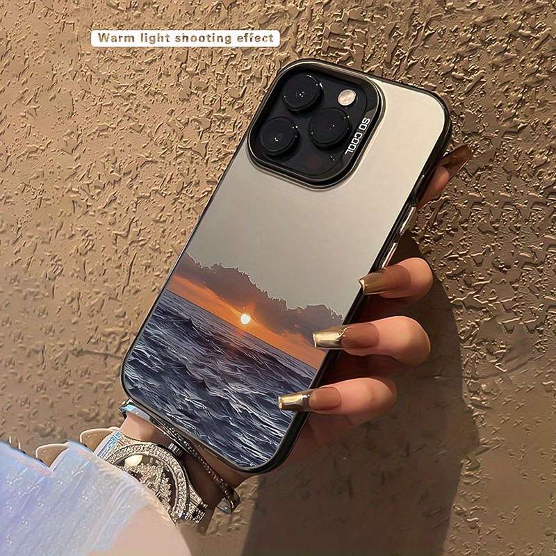 1Pc Black For iPhone 12 Wave And Sunset Pattern Phone Case
