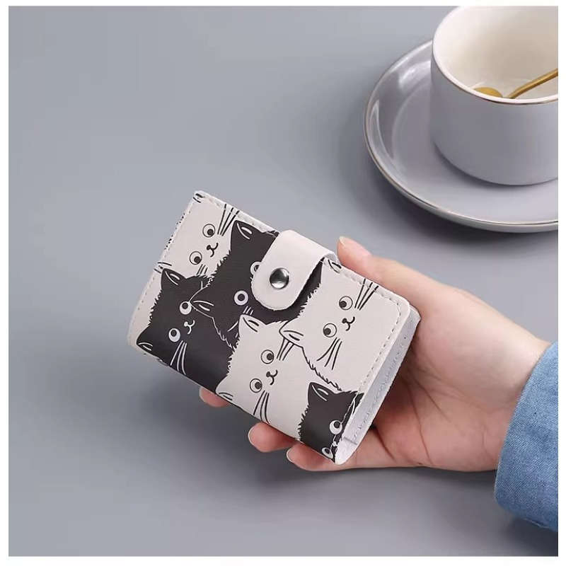 1pc Cute Black and White Cat Card Holder Ultra-Thin Faux Leather Large Capacity Anti-Degaussing