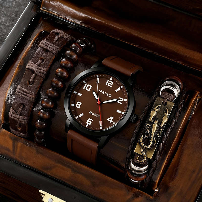 4Pcs Men Elegant Quartz Watch And Bracelet Set Fashionable Brown With