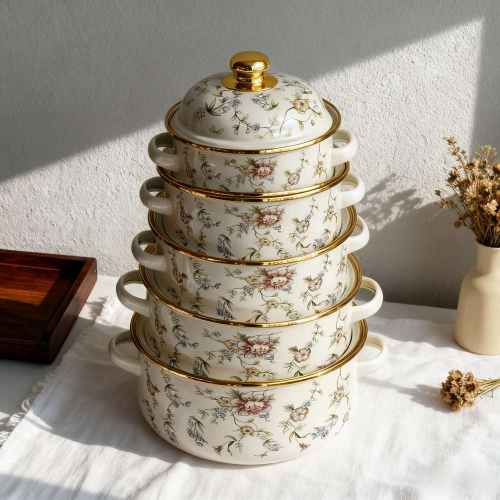 5Pcs Classic Vintage Enamel Cookware Set With Heavy Restaurant