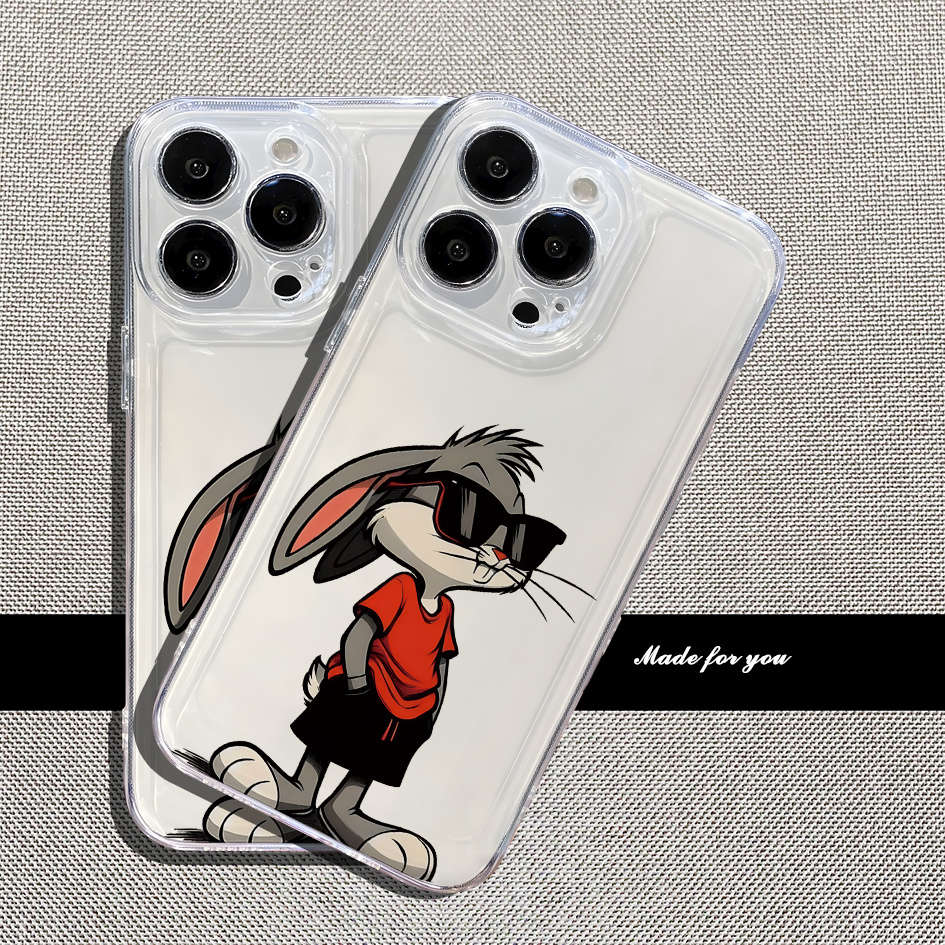 1Pc Transparent For iPhone 16 Pro Max Rabbit With Glasses Phone Case