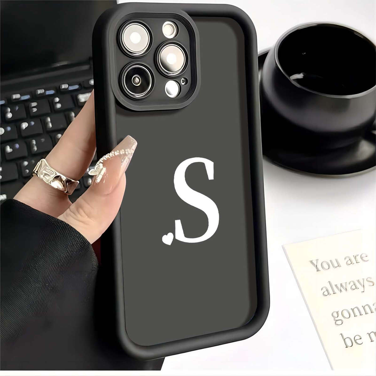 1Pc Black For iPhone 15 Plus English Letter Pattern Phone Case