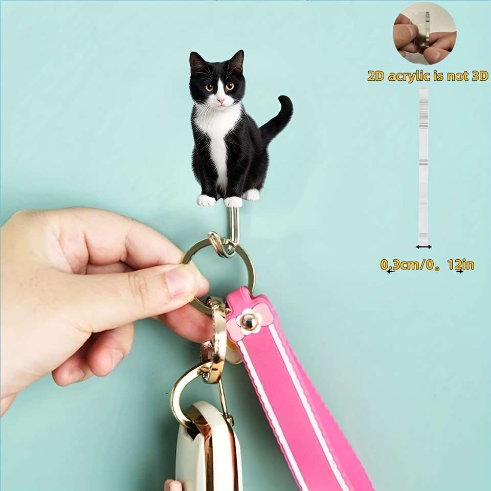 Cute Black White Kitten Wall Hook With Adhesive Backing No