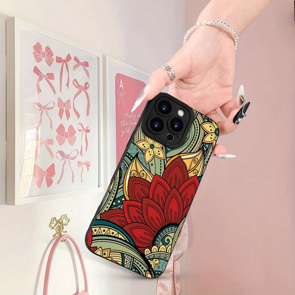 1Pc Black For iPhone 15 Plus Ethnic Print Phone Case