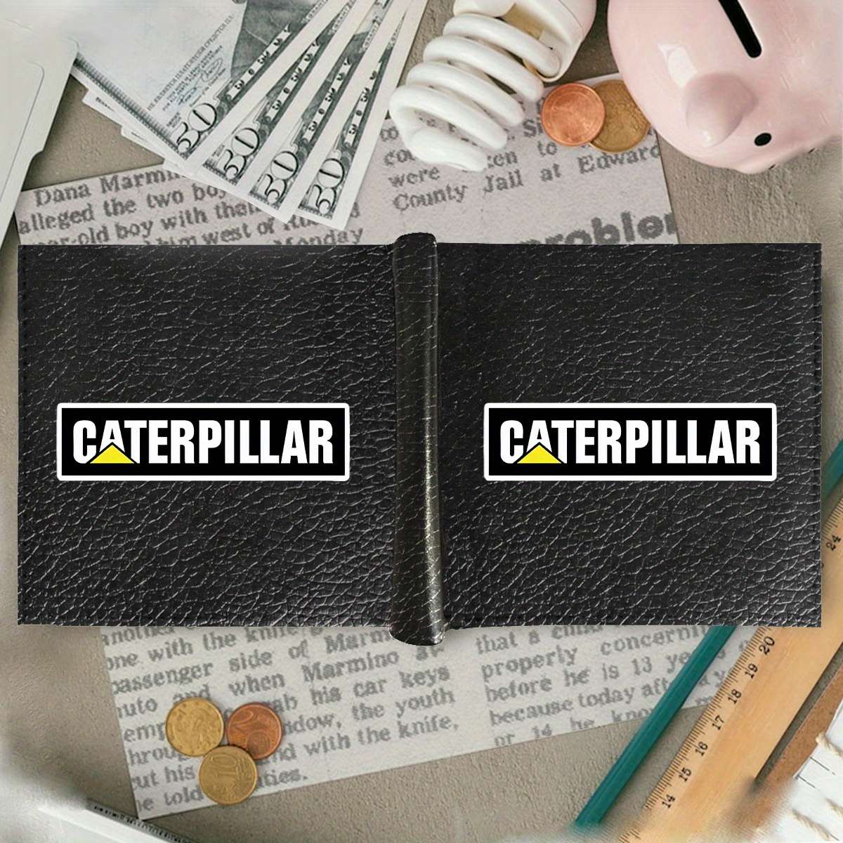 Caterpillar Logo Men'S Faux Leather Walletcasual Style Multifunctional Short Bifold Wit