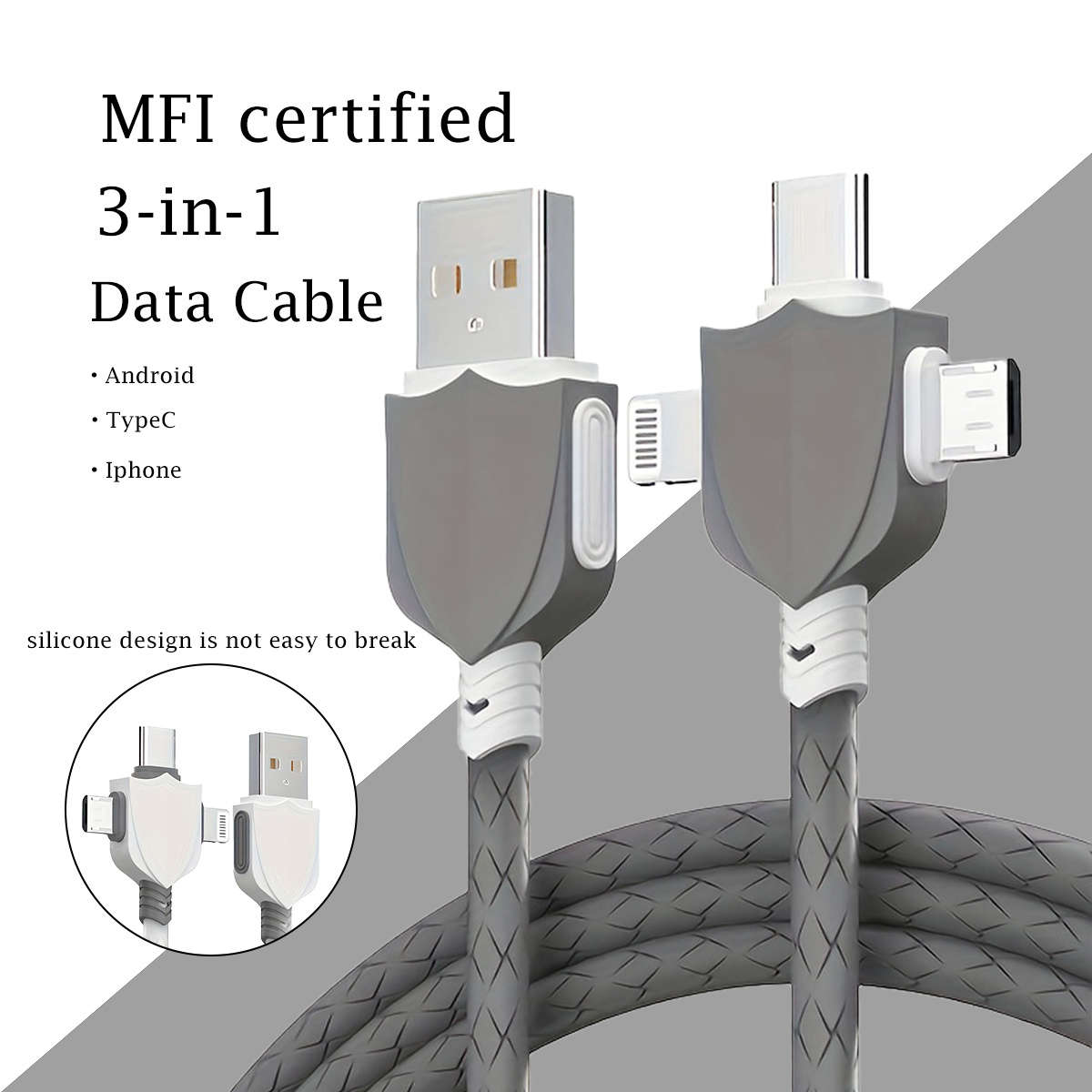 1pc Shield Silicone Data Cable 3-1 Mfi Certification Compatible with Multiple Devices Not Easy