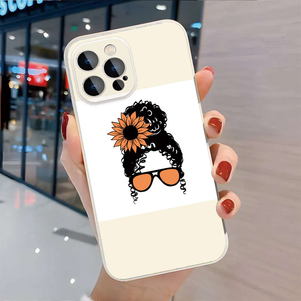 1Pc Black For iPhone 14 Plus Sunflower And Curls Phone Case