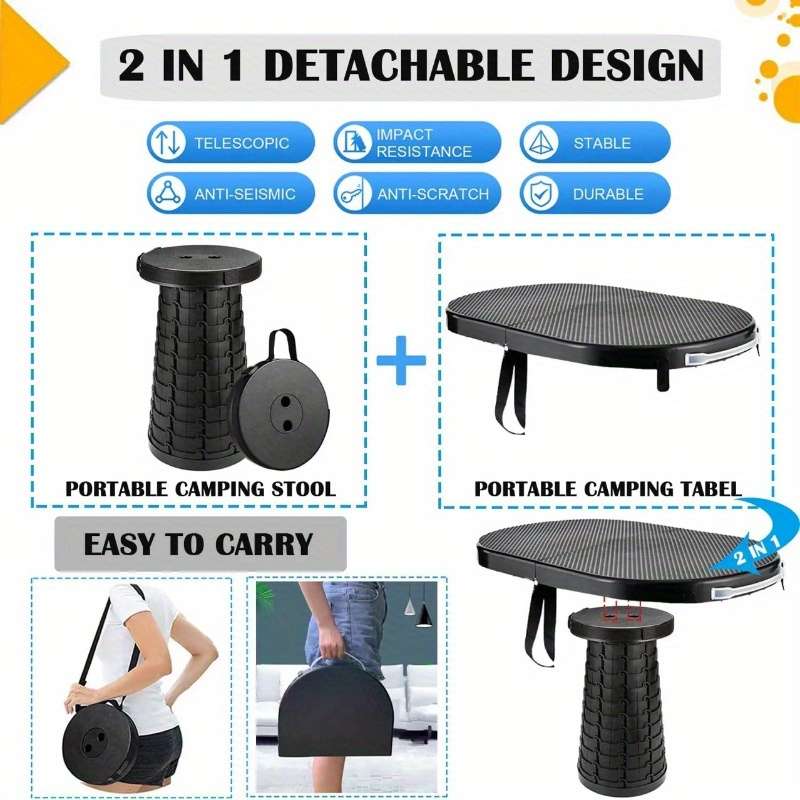 3 Level Adjustable Folding Camping Table Folding Stool Compact Portable D Black