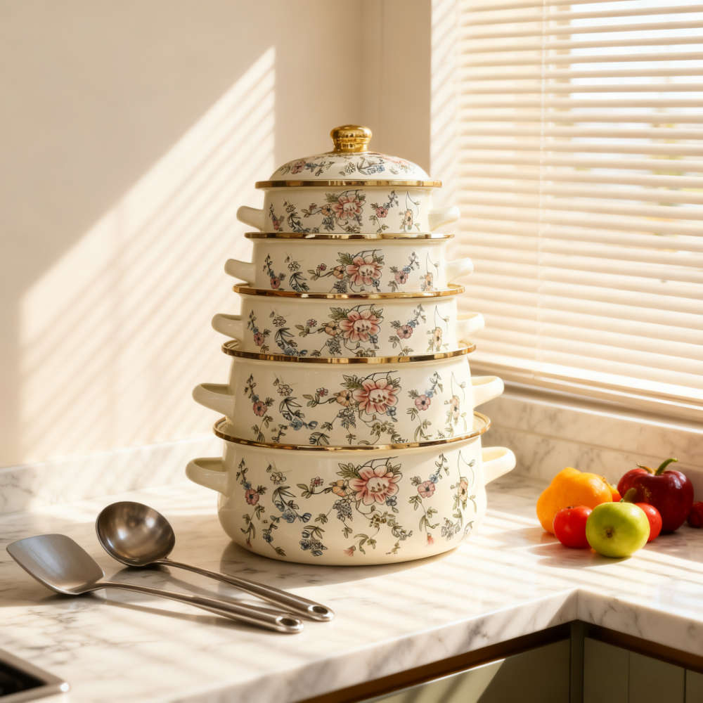 5Pcs Classic Vintage Enamel Cookware Set With Heavy Restaurant