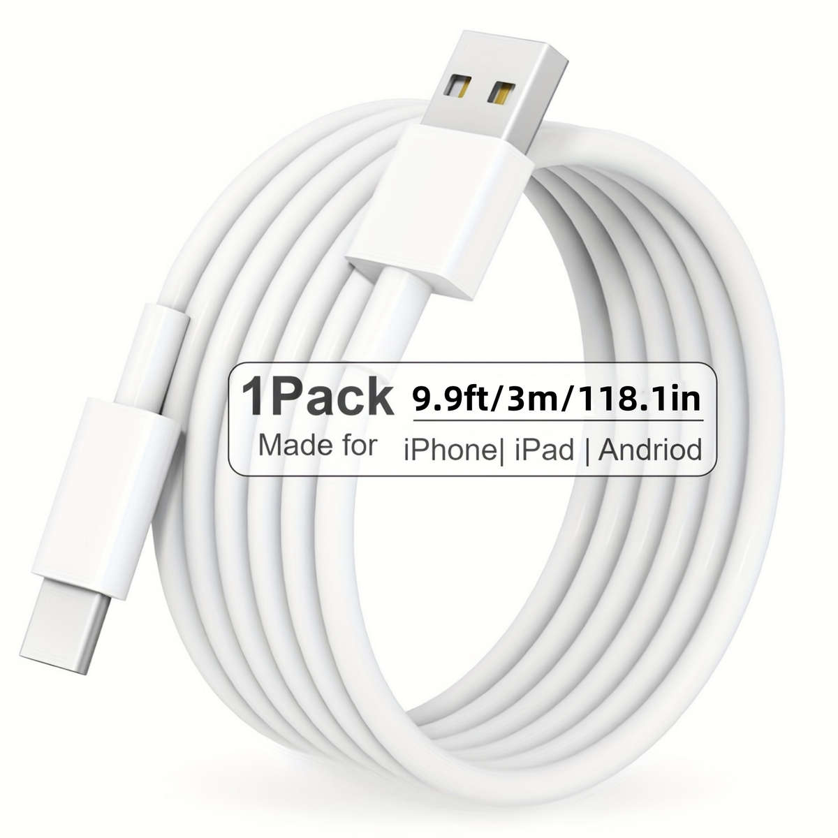 Charging Cable Color White Size 9Ft 3M