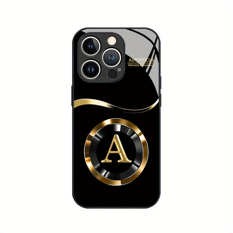 1Pc Black For iPhone 16 Plus Golden Letter A Pattern Phone Case