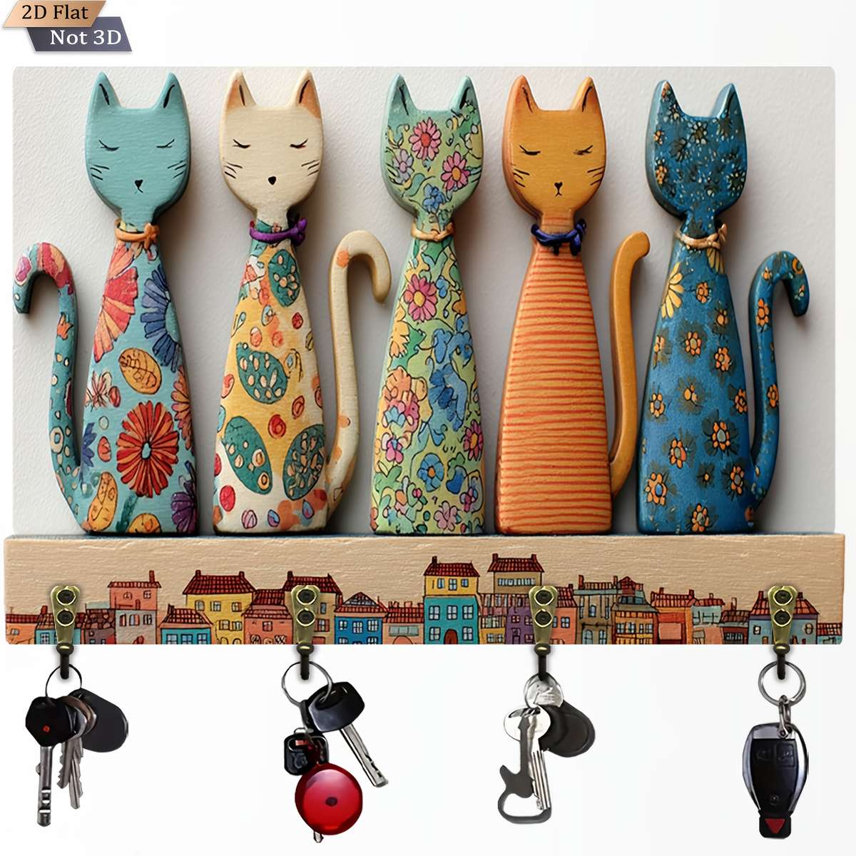 A 2D Wooden Key Holder Featuring A Colorful Cat Design material Wooden