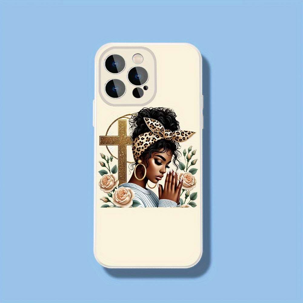 1Pc Black For iPhone 15 Plus Cross And Roses Phone Case