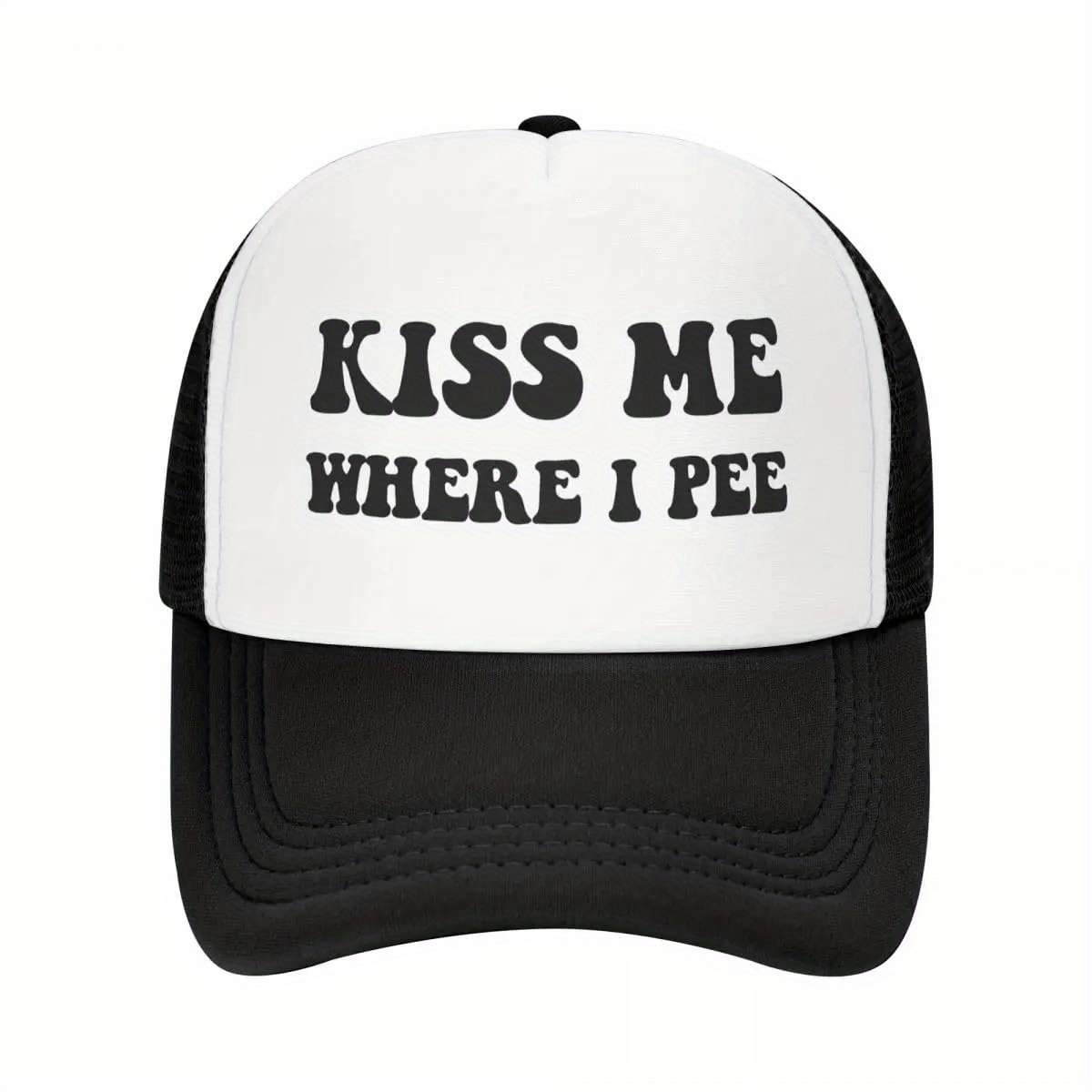 1pc Kiss Me Where I Pee Adjustable Breathable Baseball Cap Black with White Front Panel Polyes