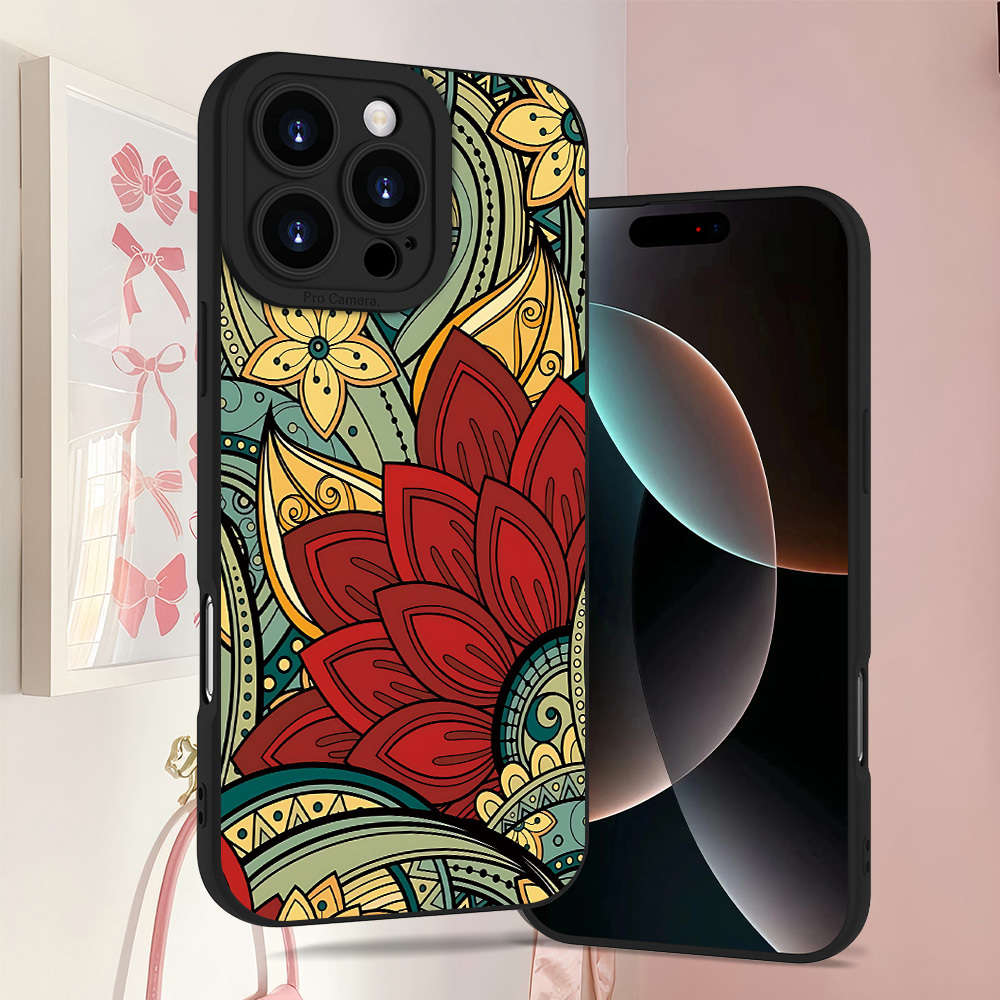 1Pc Black For iPhone 15 Plus Ethnic Print Phone Case