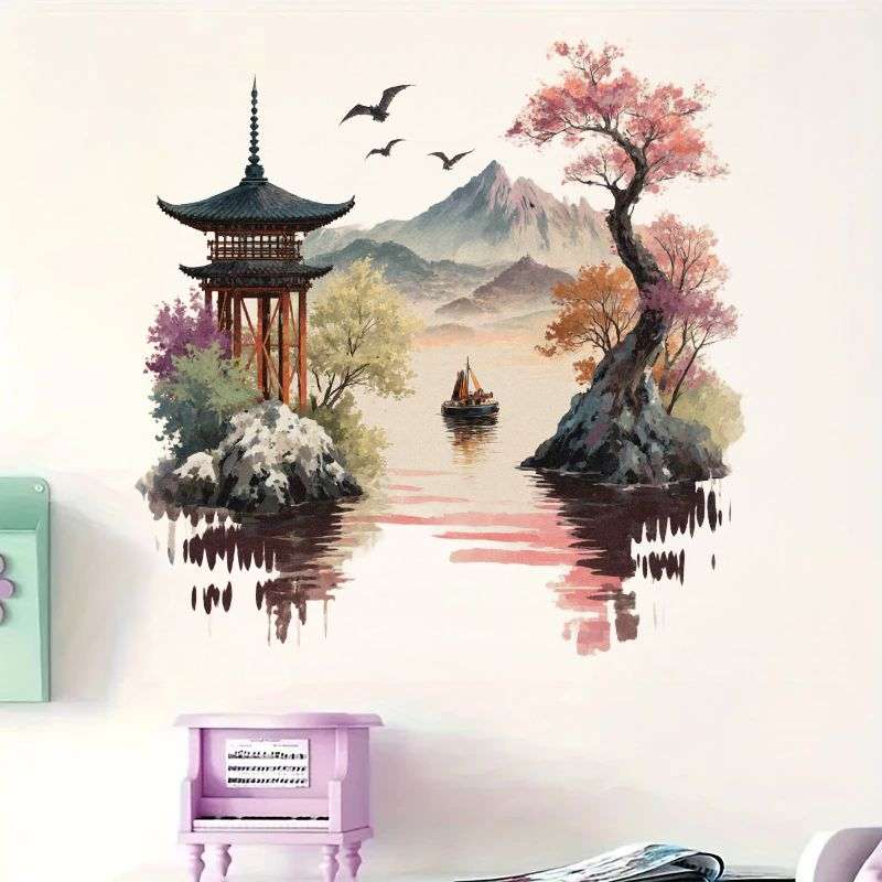 Luxury 1Pc Japanese Pagoda Mount Fuji Landscape Wall Sticker Wall Art