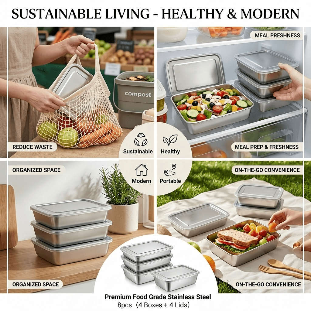 Antibacterial Box Stainless Steel Food Container 4Pcs 2 Boxes2 Lids