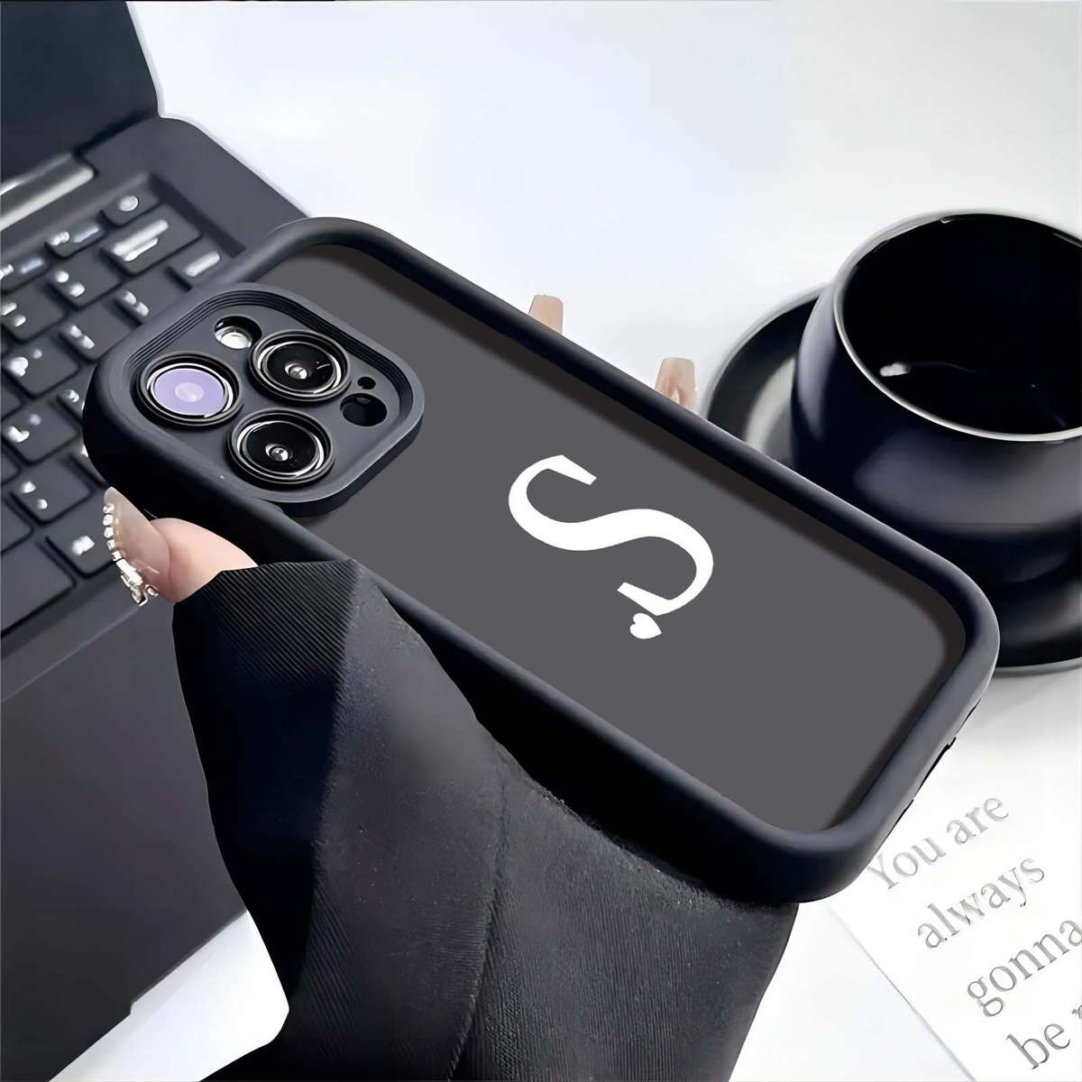 1Pc Black For iPhone 15 Plus English Letter Pattern Phone Case