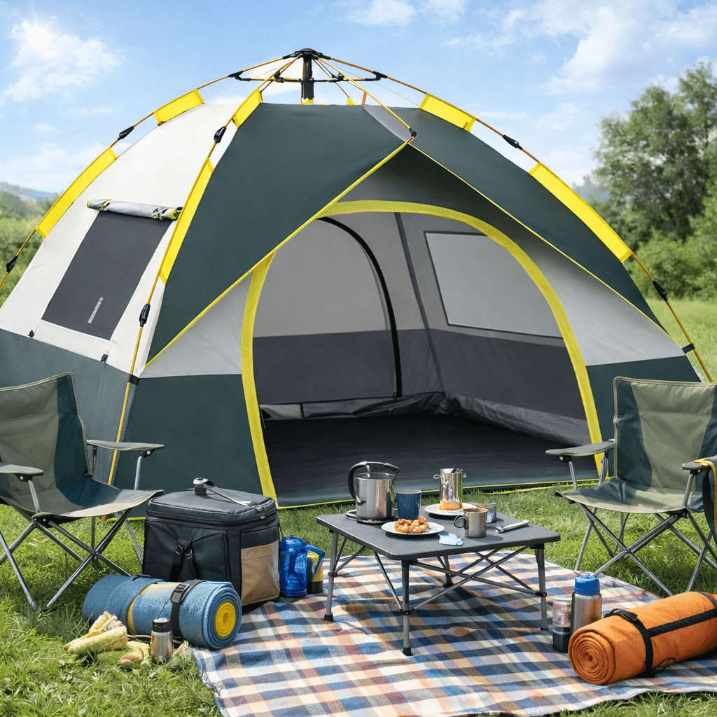 Durable Large Space Camping Tent Green Pvc Polyester Fiber Double Door Zipper