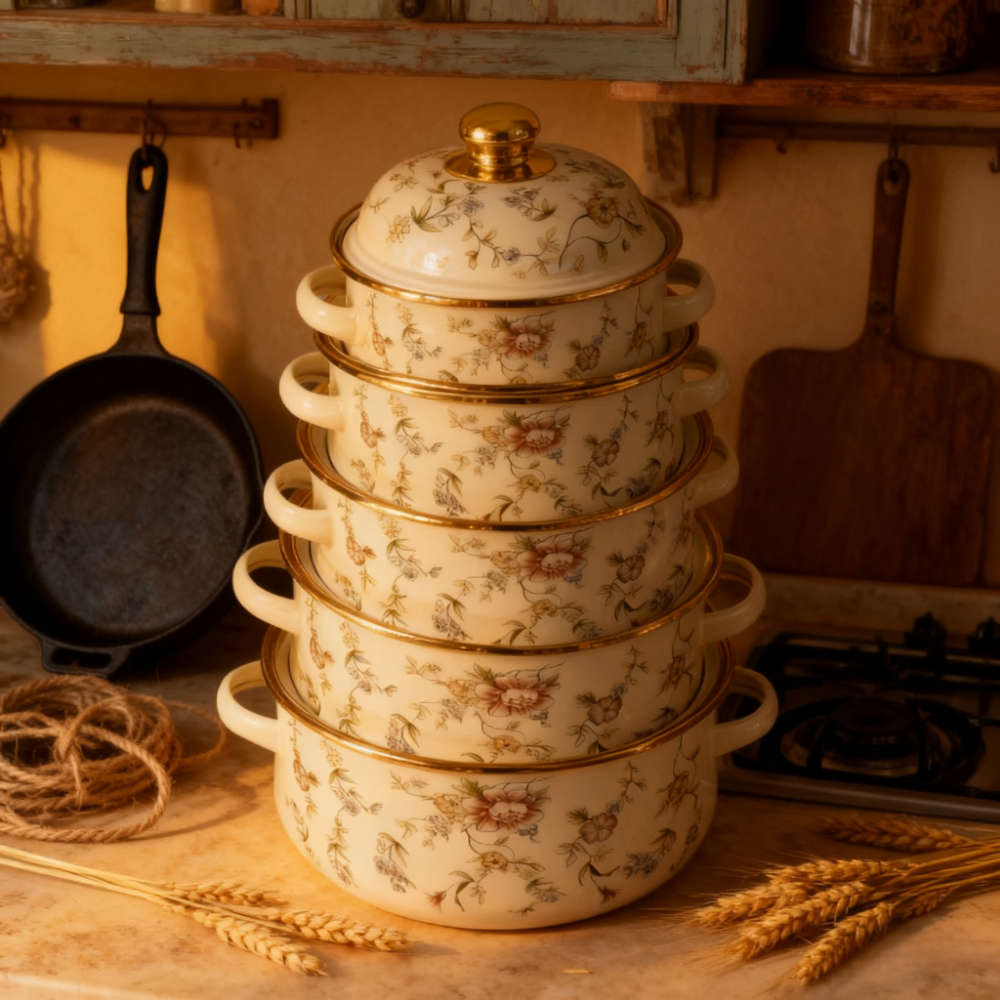 5Pcs Classic Vintage Enamel Cookware Set With Heavy Restaurant