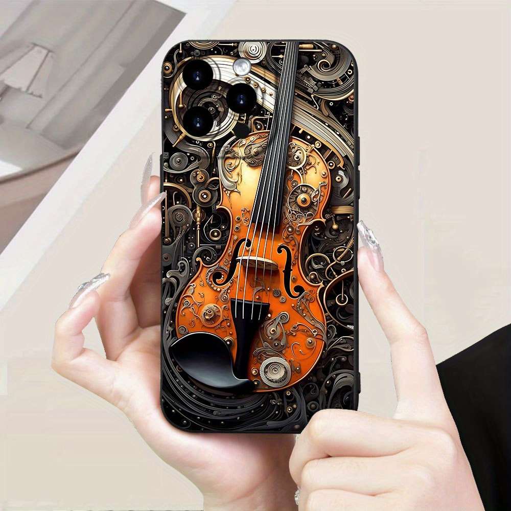 1Pc Black For iPhone 16e Steampunk Violin Pattern Phone Case