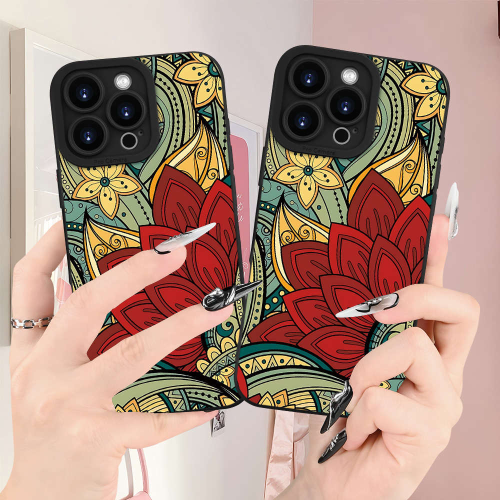1Pc Black For iPhone 15 Plus Ethnic Print Phone Case