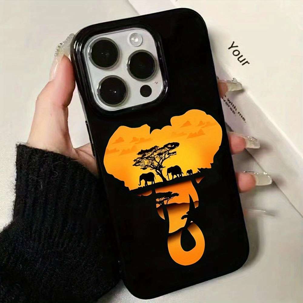 1Pc Black For iPhone 15 Plus Twilight Elephant Pattern Phone Case