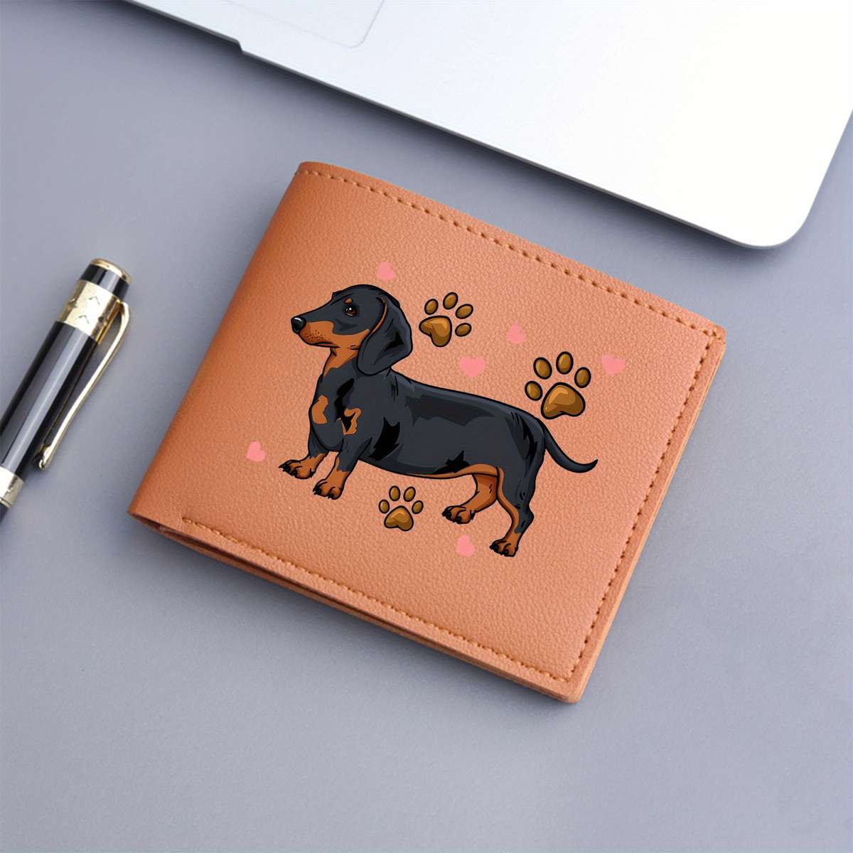 Dachshund Print Bifold Wallet Card Holder With Slip Pocket Unlined Short Wallet
