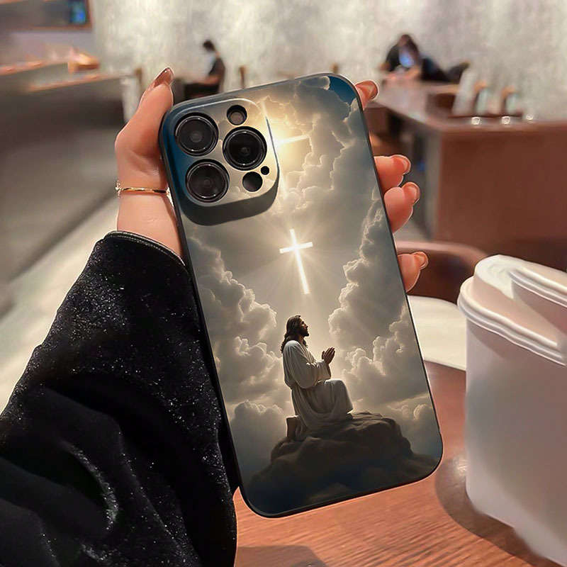 1Pc Black For iPhone 14 Pro Max Jesus Cross Pattern Phone Case