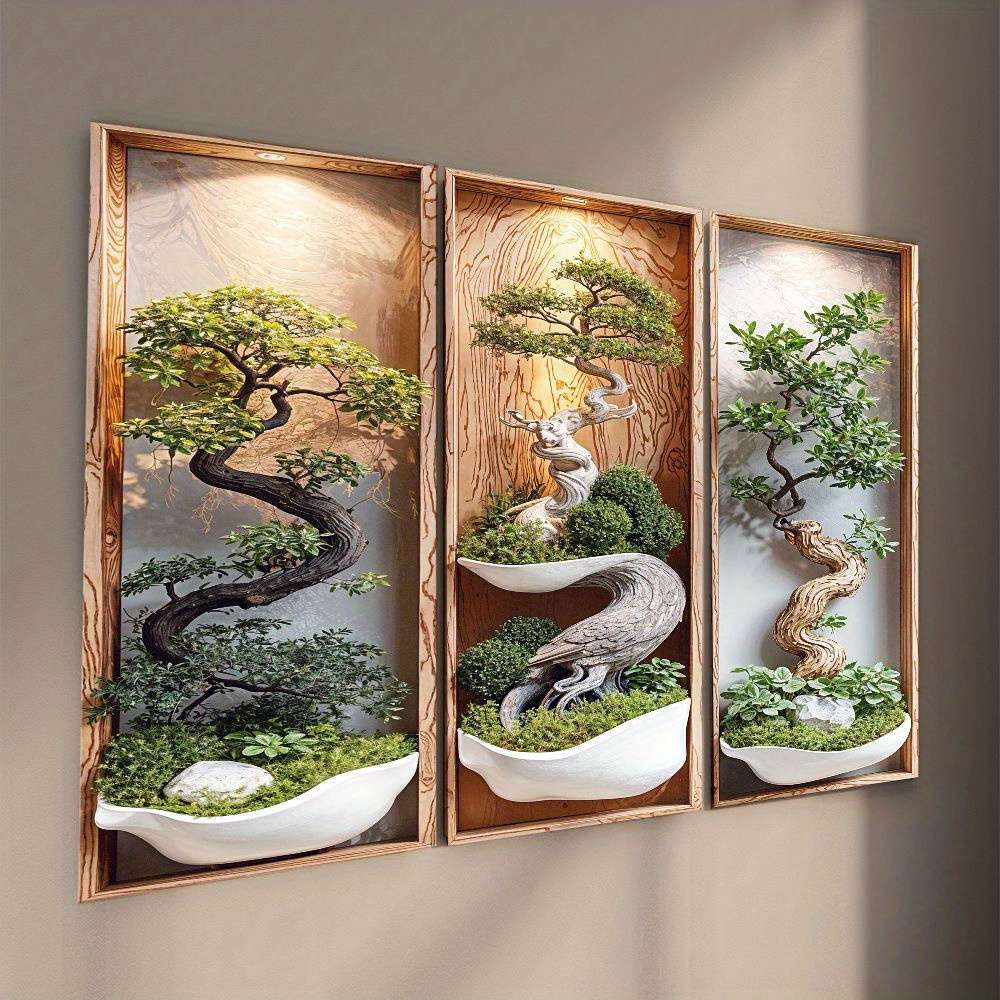 3Pcs Modern Leaflure Zen Bonsai Wall Art Frames Japanese Miniature Living Room