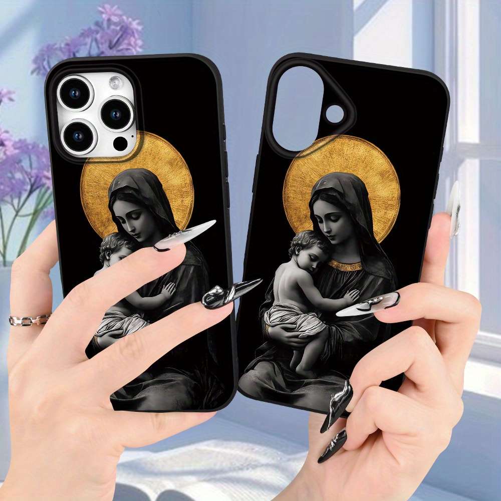 1Pc Black For iPhone 16 Pro Virgin Mary Jesus Phone Case