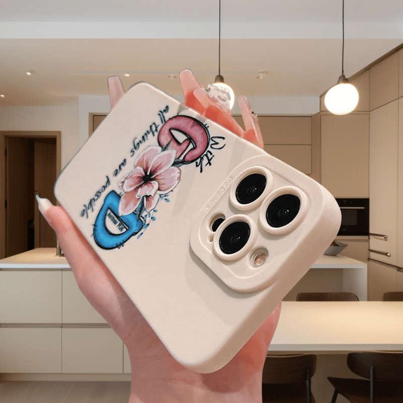 1Pc Ivory White For iPhone 16 Pro Max Floral Letter Design Phone Case